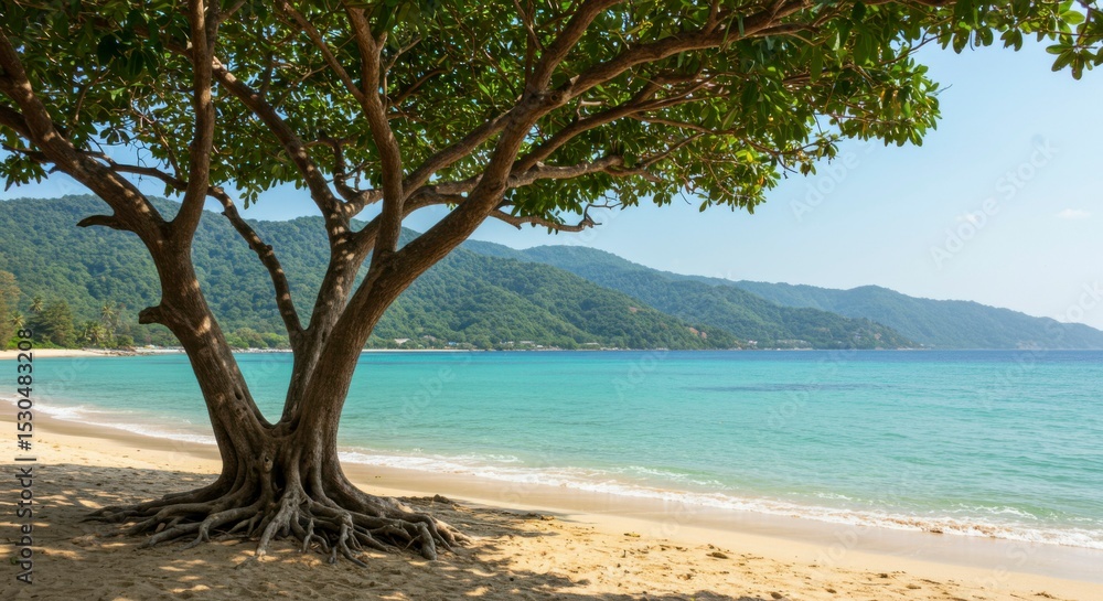 Tropical beach scene with a large shady tree Tropical beach scene with a large shady tree