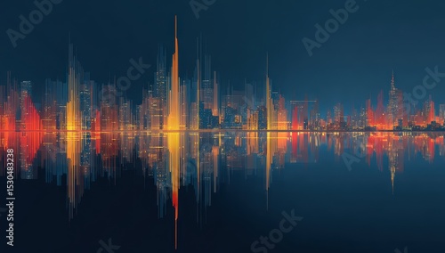 City skyline at night, reflected in water, with abstract sound waves