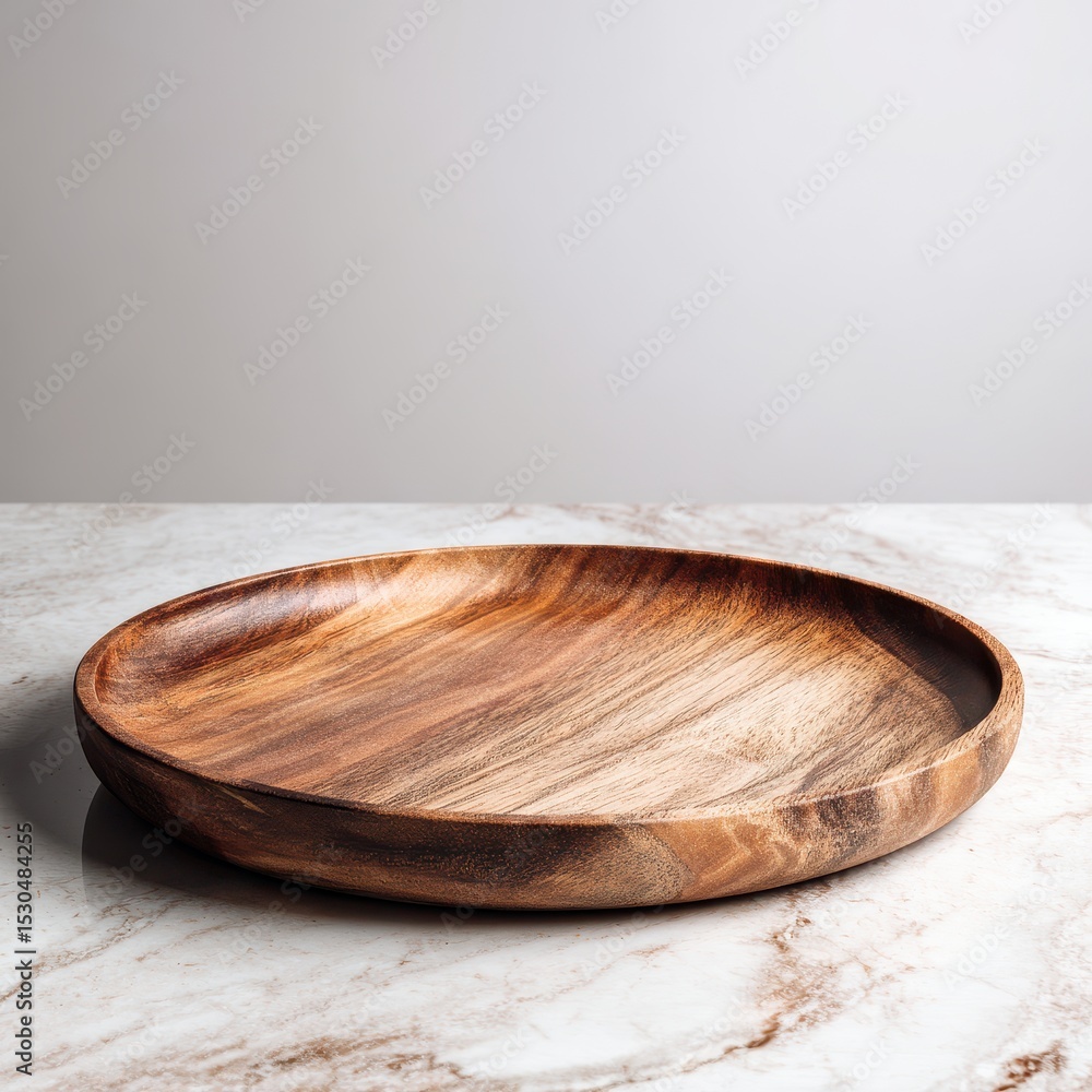 Round wooden serving platter on marble Round wooden serving platter on marble