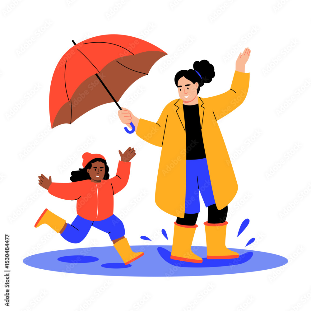 Naklejka premium A flat style illustration showing kid splashing puddle