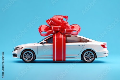 White car wrapped in a large red ribbon