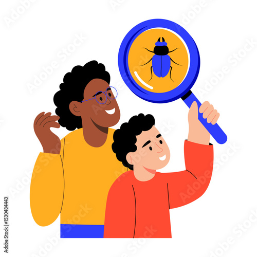 A flat style illustration showing a kid observing nature