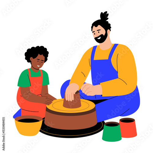 A flat style illustration showing pottery making