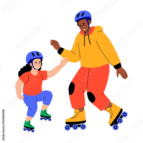 A flat style illustration showing kid enjoying roller skating