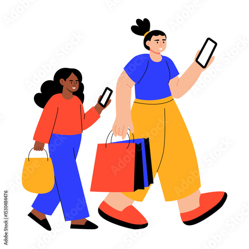 A flat style illustration showing siblings going shopping together
