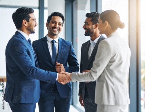 Indian business team celebrating a deal with a handshake and smiles.