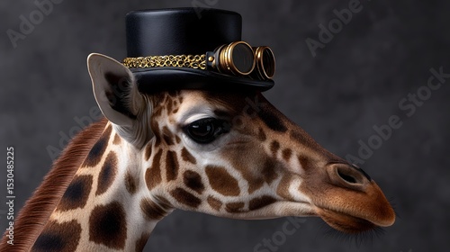 A captivating and whimsical portrait of a giraffe wearing a monocle and top hat, blending the exotic nature of the animal with the sophisticated, vintage aesthetic of steampunk style.
