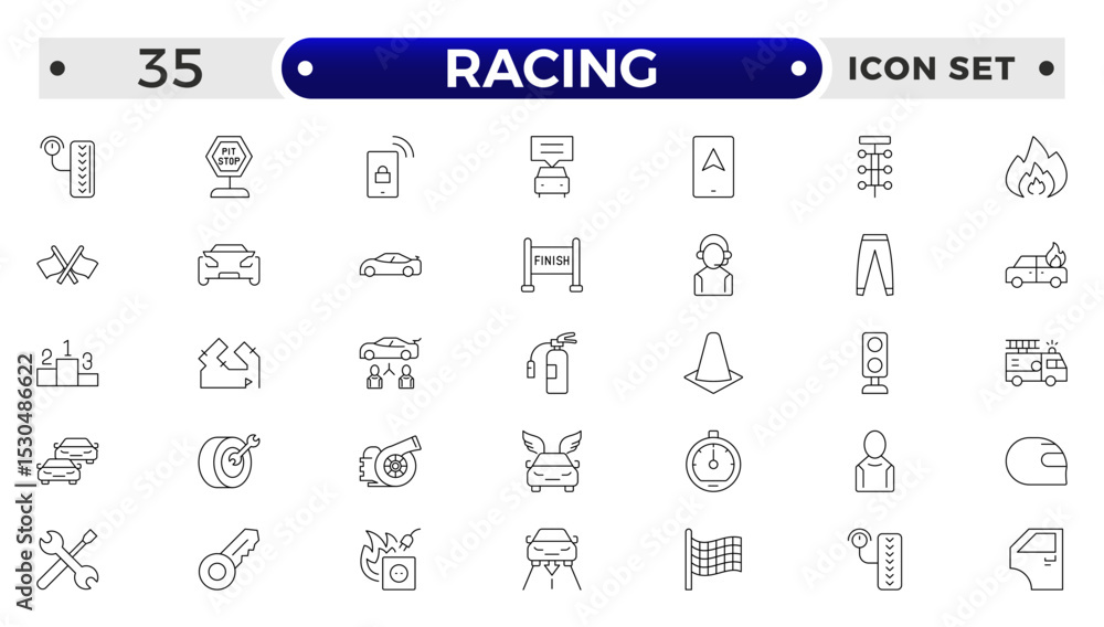 Motor Racing and Sport Car outline Icon Set. Formula 1, Speed, Pit Stop, automotive, race, automobiles, competition, championship, flag, wheel, medal, helmet, car, chassis, track. Motor Racing and Sport Car outline Icon Set. Formula 1, Speed, Pit Stop, automotive, race, automobiles, competition, championship, flag, wheel, medal, helmet, car, chassis, track.