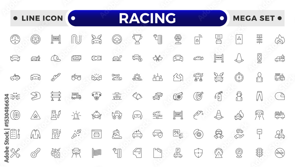 Obraz premium Motor Racing and Sport Car outline Icon Set. Formula 1, Speed, Pit Stop, automotive, race, automobiles, competition, championship, flag, wheel, medal, helmet, car, chassis, track.