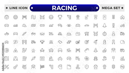 Motor Racing and Sport Car outline Icon Set. Formula 1, Speed, Pit Stop, automotive, race, automobiles, competition, championship, flag, wheel, medal, helmet, car, chassis, track.
