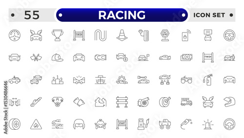 Motor Racing and Sport Car outline Icon Set. Formula 1, Speed, Pit Stop, automotive, race, automobiles, competition, championship, flag, wheel, medal, helmet, car, chassis, track.
