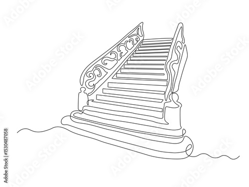 Abstract antique staircase with twisted handrails, ladder,stepladder. continuous one single line art drawing sketch, logo