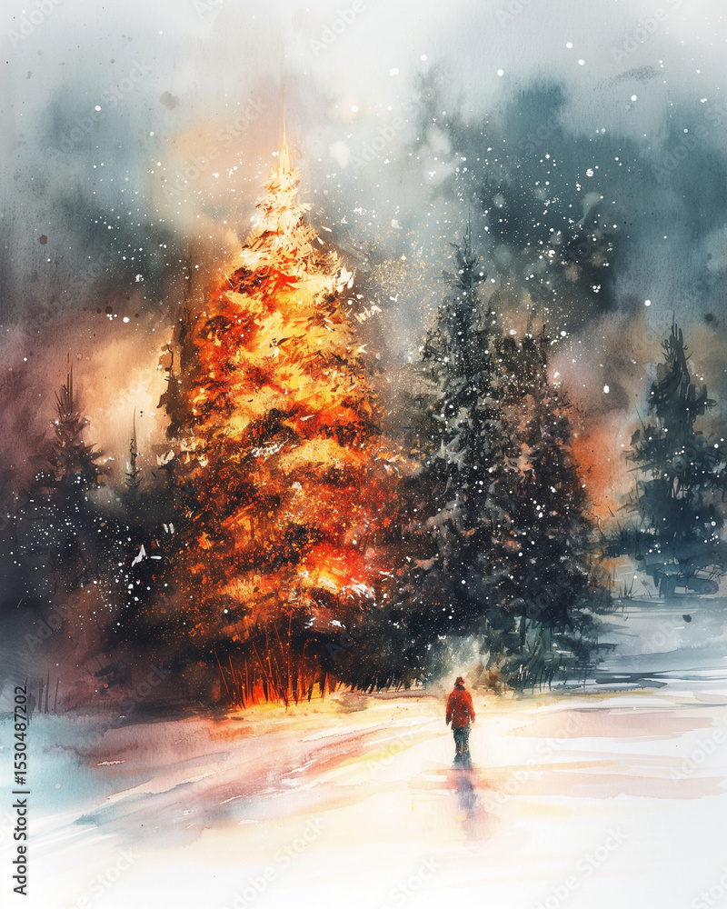 Fototapeta premium Winter wonderland with glowing trees amidst falling snow in a serene forest landscape. Generative AI