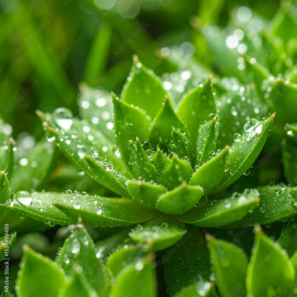 Close-up view of succulent plants with dewdrops in a lush green garden during morning light Close-up view of succulent plants with dewdrops in a lush green garden during morning light