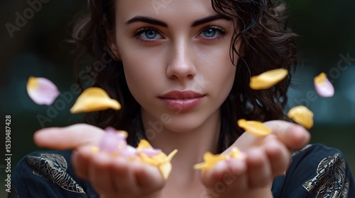 Wallpaper Mural Captivating portrait of a woman with flowing flower petals emerging from her hands, set against a serene natural backdrop, evoking a sense of mystique and wonder. Torontodigital.ca