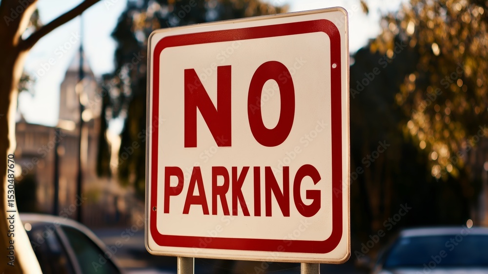 Traffic sign indicating no parking in a busy urban area during daylight hours Traffic sign indicating no parking in a busy urban area during daylight hours