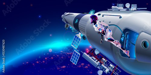 A female astronaut in a spacesuit steps out of the space station into outer space, looks at the Earth. A girl cosmonaut takes off from the gateway of a spacecraft in low-Earth orbit. Earth from space.