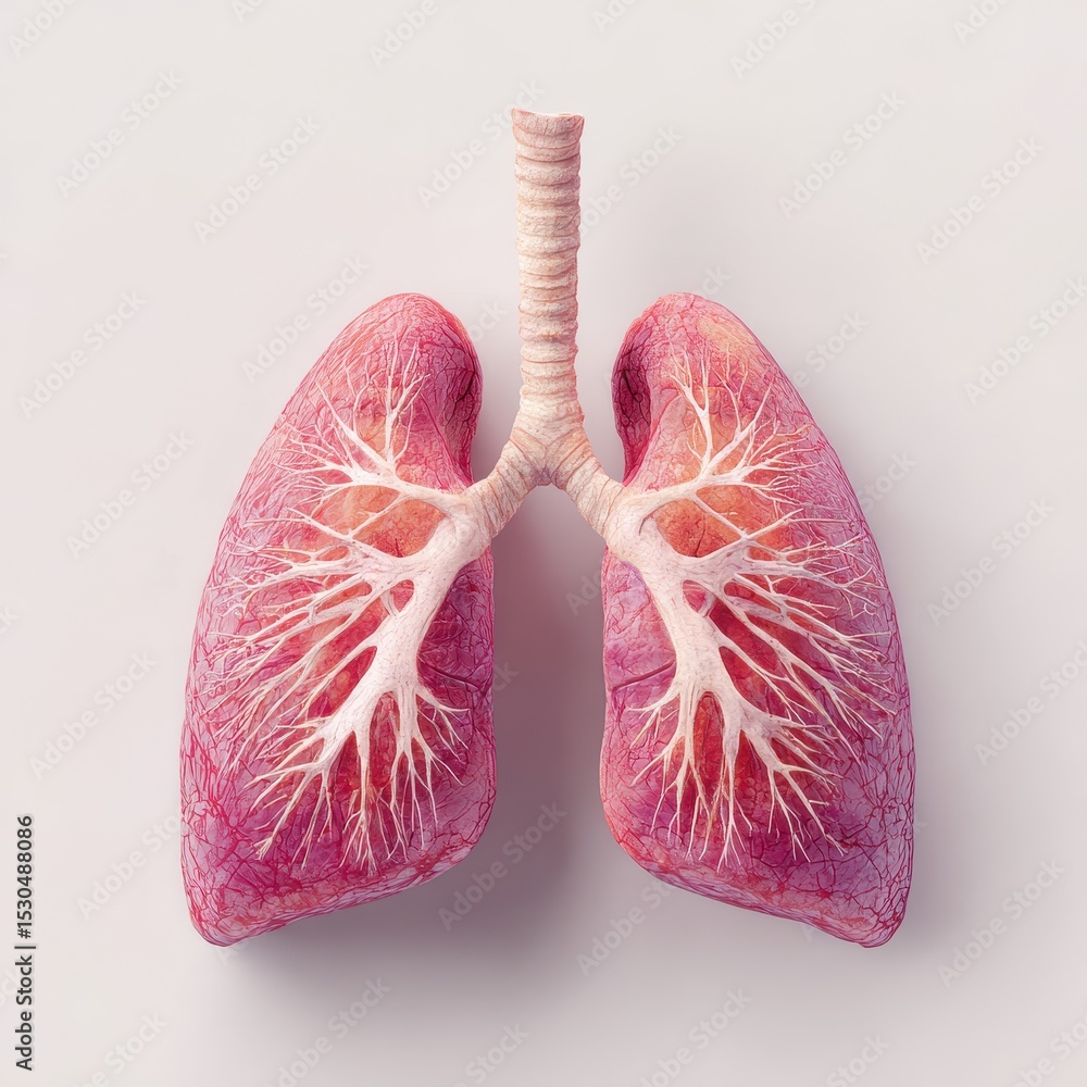 3D anatomical illustration of a human lung pair, showing branching airways 3D anatomical illustration of a human lung pair, showing branching airways