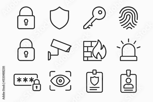 Security icons set: locks, key, fingerprint, cctv, alarm, firewall