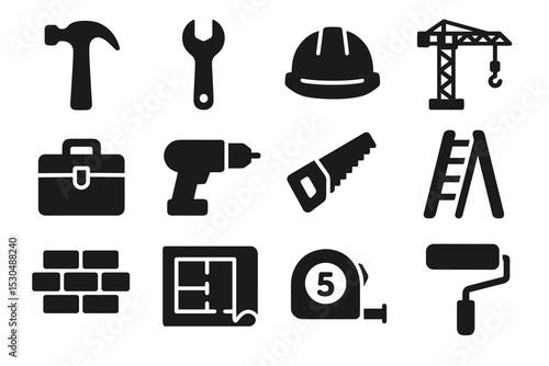 Construction tools icon set: hammer, wrench, hard hat, crane, toolbox, drill, saw, ladder, bricks, blueprint, tape measure, paint roller