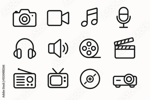 Media and entertainment icons: camera, music, microphone, headphones, speaker