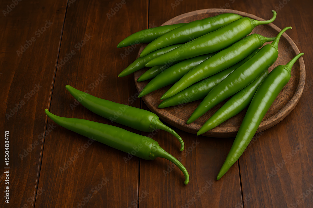 Fresh Green Chili Peppers on a Wooden Plate, a Spicy and Flavorful Ingredient for Culinary Creations and Cooking Fresh Green Chili Peppers on a Wooden Plate, a Spicy and Flavorful Ingredient for Culinary Creations and Cooking