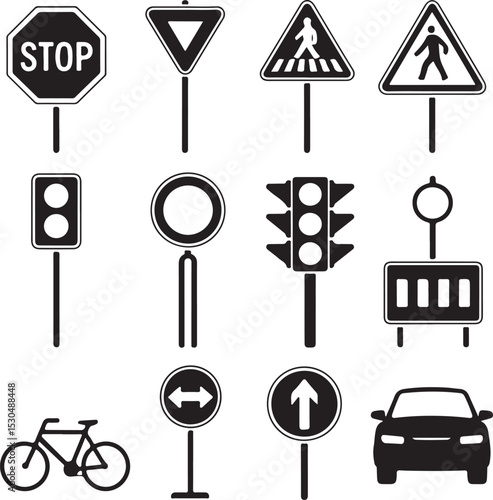 Traffic & Road Sign Silhouette Vector Bundle – 10 Black Icons – Stop Sign, Yield, Pedestrian, Speed Limit, Traffic Light & More