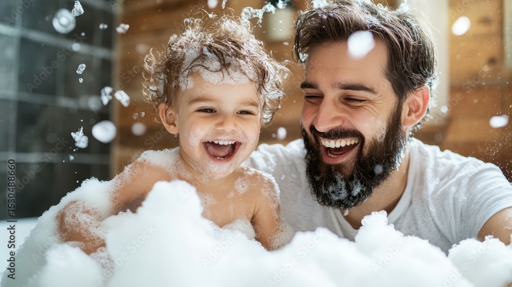 A joyful scene in a bathroom shows a father and his young child playing in a tub filled with bubbles, both wearing big smiles and enjoying precious moments together. A joyful scene in a bathroom shows a father and his young child playing in a tub filled with bubbles, both wearing big smiles and enjoying precious moments together.