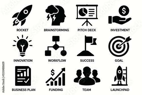 Icon set for startup success concepts including rocket, innovation, and goal
