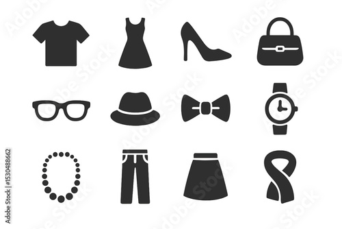 Fashion icon set: clothing and accessories silhouettes for style and design concepts