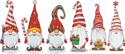 Festive Christmas Gnomes Collection with Gifts and Candy Canes on White