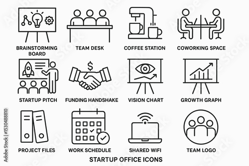 Startup office icons: brainstorming, coworking, vision, growth, collaboration