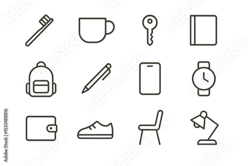 Outlined everyday objects: toothbrush, mug, key, book, backpack, pen, tablet, watch, wallet, shoe, chair, lamp