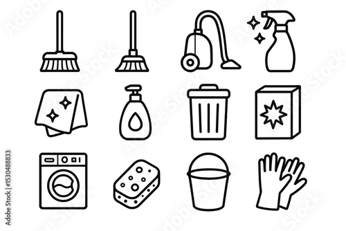 Cleaning tools outline icons set: broom, vacuum, spray bottle, detergent, gloves