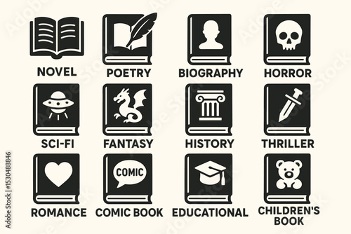 Icons representing book genres: novel, poetry, biography, horror, sci-fi, fantasy, history, thriller, romance, comic, educational, children's book