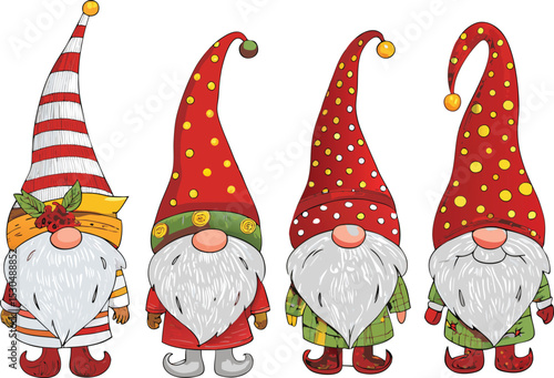 Four Festive Christmas Gnomes with Red Hats and White Beards