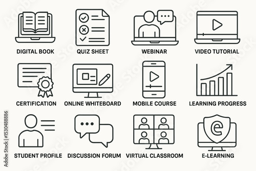 E-learning icons: digital book, webinar, certification, online whiteboard, mobile course, virtual classroom