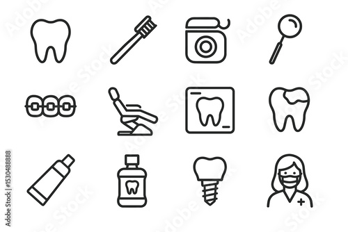 Dental care icons set featuring tools, tooth, braces, dentist