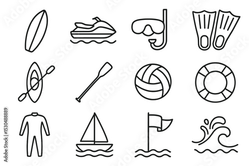 Water sports icons: surfboard, jetski, snorkel, kayak, flippers, wetsuit, sailboat