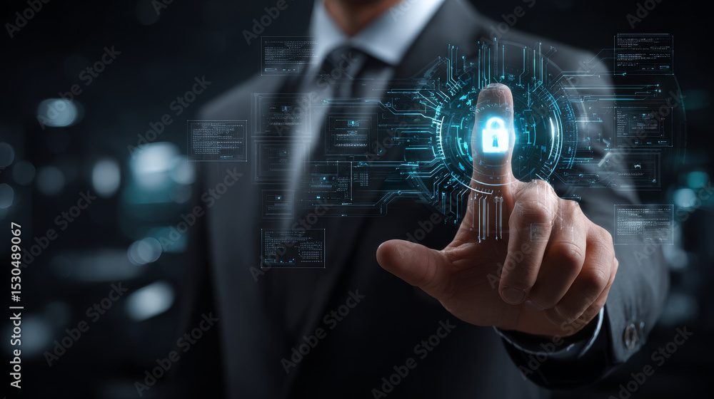 Fototapeta premium Information Security. Businessman holds information security network connecting icon, ensuring confidentiality, integrity, and availability of data, providing a comprehensive information security.