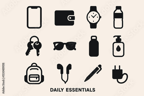Silhouettes of daily essentials: phone, wallet, watch, bottle, keys, sunglasses, backpack