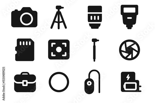 Photography equipment icons: camera, tripod, lens, flash, memory card, shutter, and more