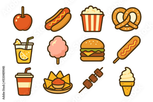 Colorful assortment of classic snack foods including burger and ice cream cone