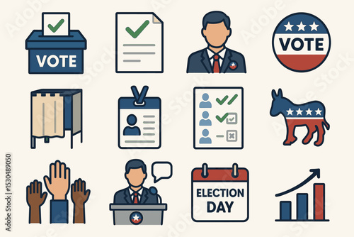 Election day icons: voting, checklist, politician, voter id, donkey symbol
