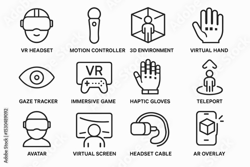 Virtual reality icons featuring headset, controller, environment, and augmented reality overlay