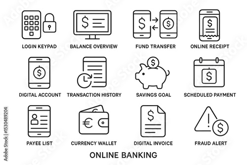 Online banking icons: login, transfer, savings, payments, security alerts