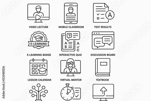 Online education icons: video lecture, e-learning badge, virtual mentor, interactive quiz
