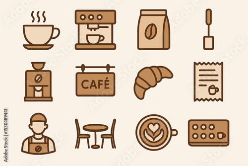 Coffee shop icons set featuring equipment, barista, and café objects in a minimalist design