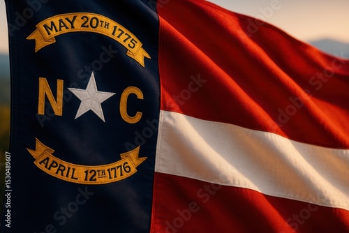 North Carolina State Flag Waving in Warm Light
