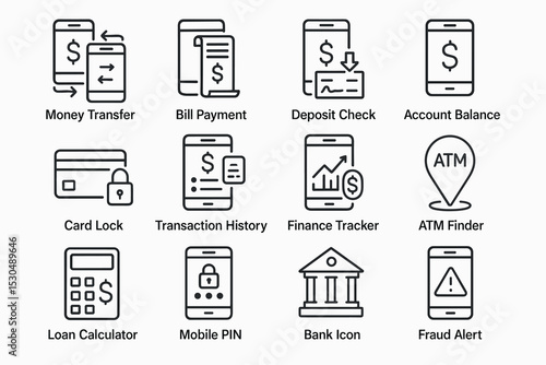 Digital banking icons: money transfer, bill payment, finance tracker, atm finder, fraud alert